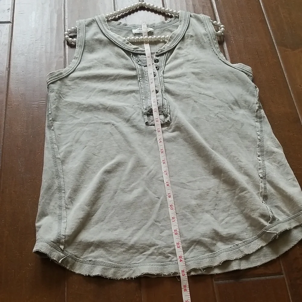 Zenana Half Button Raw Edge Washed Sleeveless Henley Top Light Olive Green - Picture 7 of 10